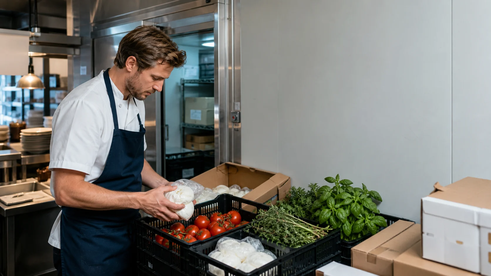Restaurangkök som tar emot mozzarella, tomater och färska örter från grossisten