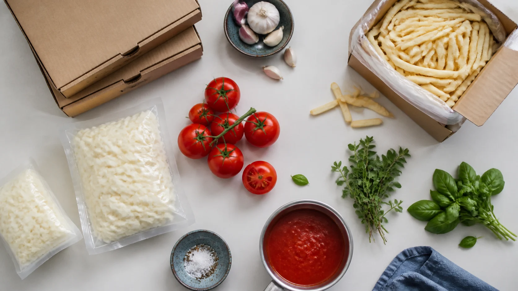 Mozzarella, tomater, tomatsås, pommes, örter och pizzakartonger för restauranginköp